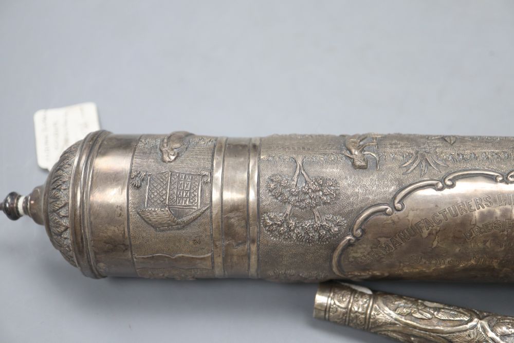 A 20th century Indian white metal scroll holder, 40.4cm and a white metal parasol handle, 16cm